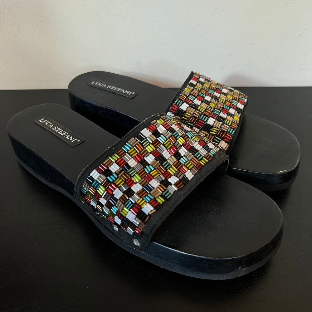 Luca Stefani Black Multicolor Beaded Y2K Wooden Sandals 39 / 8